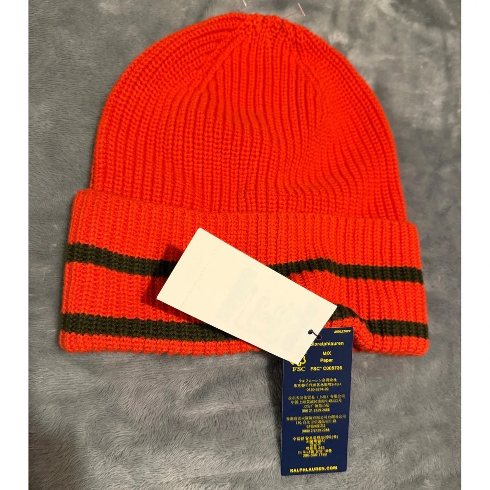 Polo Ralph Lauren Kids Orange Green Striped Ribbed Knit Beanie Hat OS 8-20 NEW